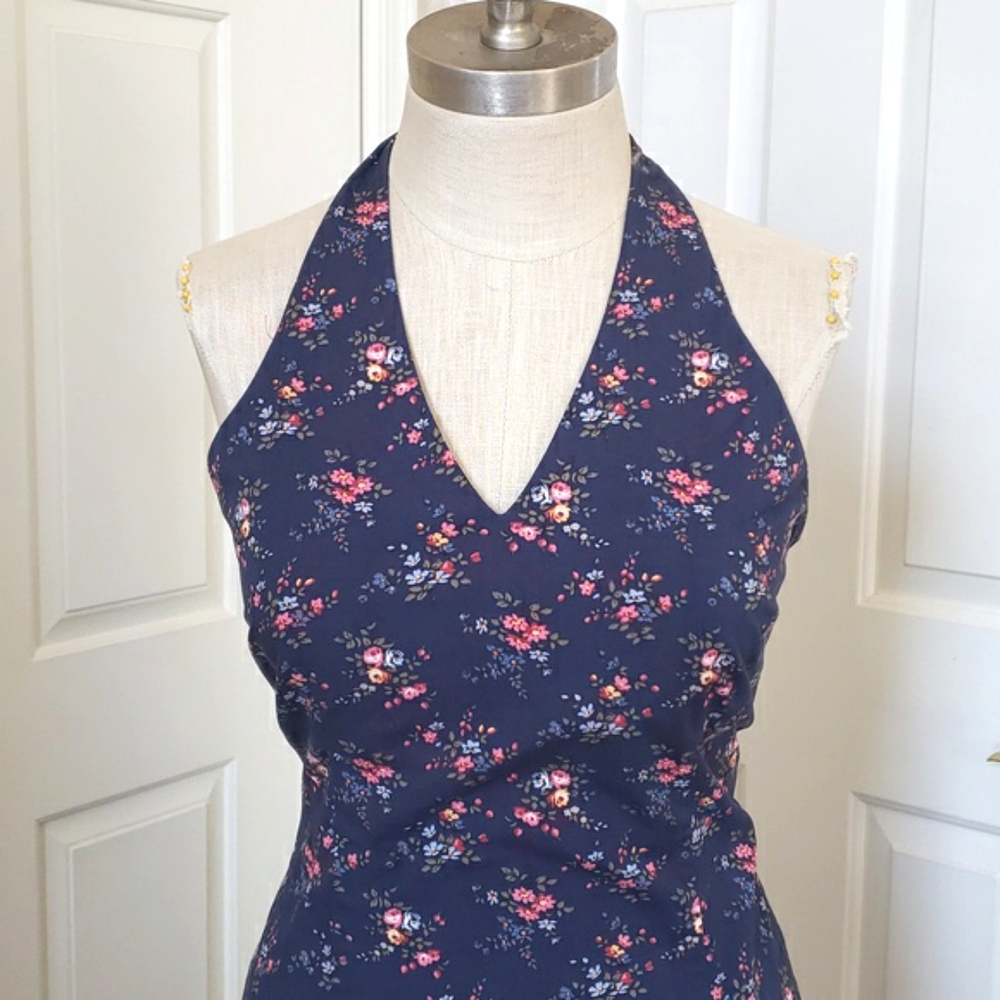 Vintage 90s Ralph Lauren Tartan Label Floral Halter Dress Navy Cotton • Size 8 - Picture 6 of 16